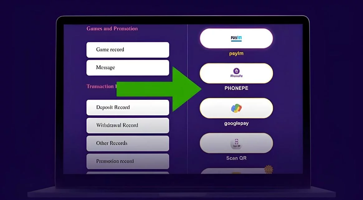 Online casino payment methods screen showing Paytm, PhonePe, Google Pay and QR code options for deposits and withdrawals