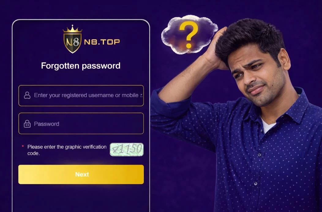 Man confused about a forgotten password next to an online casino password recovery form on the N8.TOP platform